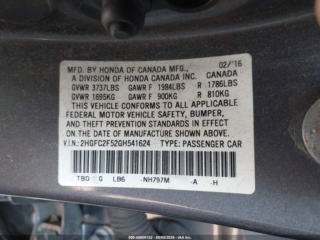 2HGFC2F52GH541624 2016 HONDA CIVIC photo no. 9