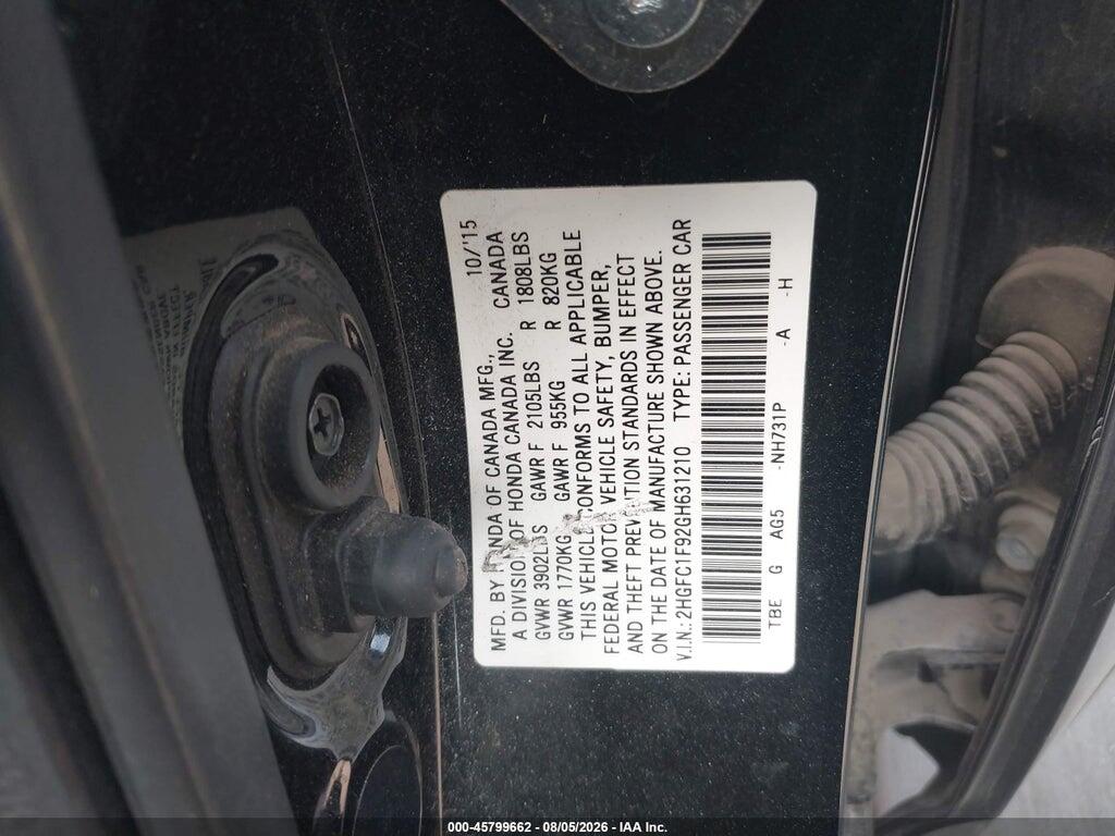 2HGFC1F92GH631210 2016 HONDA CIVIC photo no. 9