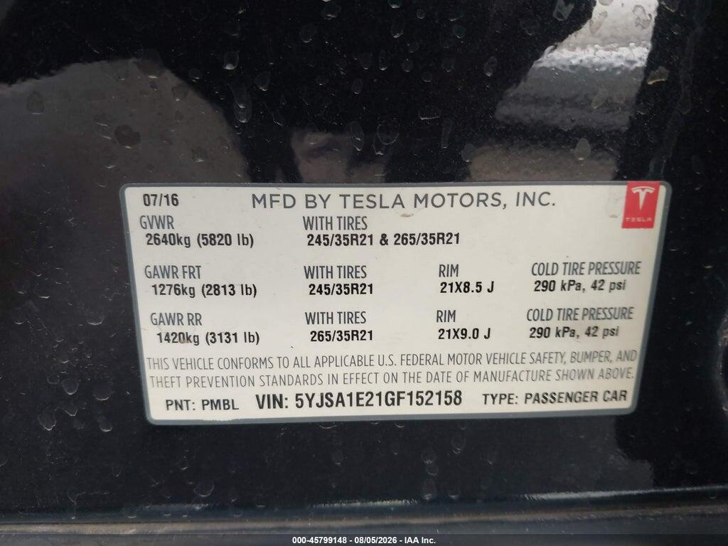 5YJSA1E21GF152158 2016 TESLA MODEL S photo no. 9