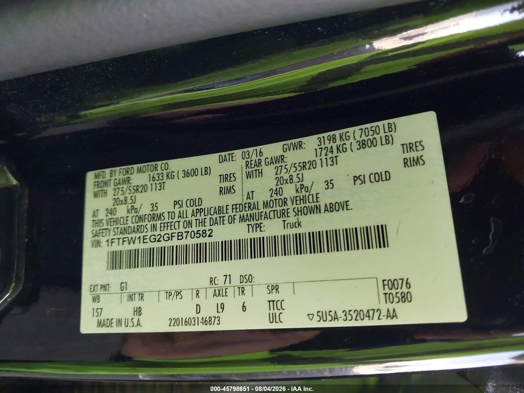 1FTFW1EG2GFB70582 2016 FORD F-150 photo no. 9