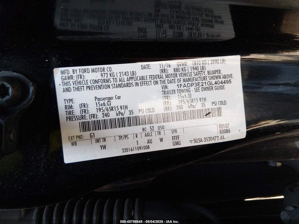 1FADP3E21GL404495 2016 FORD FOCUS photo no. 9