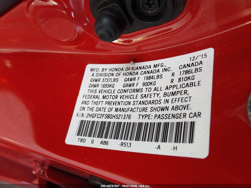 2HGFC2F58GH521376 2016 HONDA CIVIC photo no. 9