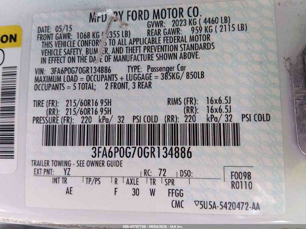 3FA6P0G70GR134886 2016 FORD FUSION photo no. 9