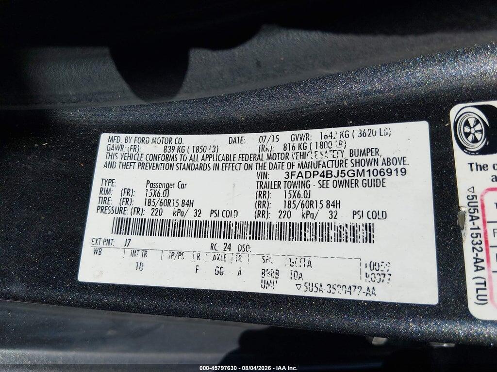 3FADP4BJ5GM106919 2016 FORD FIESTA photo no. 9