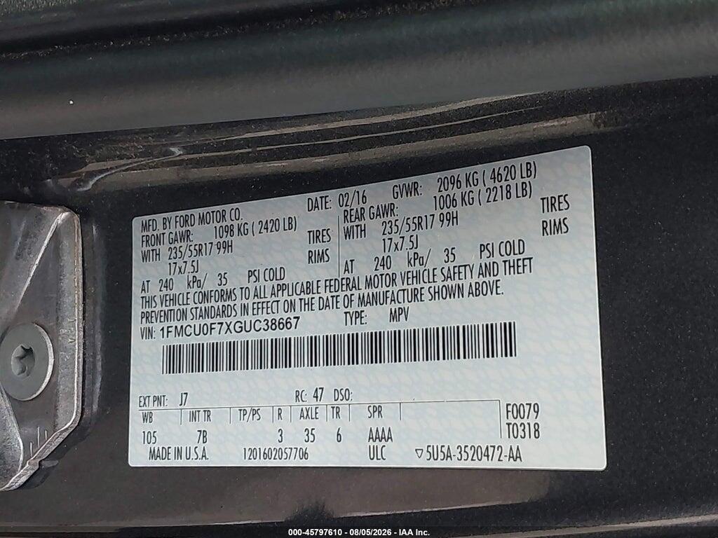 1FMCU0F7XGUC38667 2016 FORD ESCAPE photo no. 9
