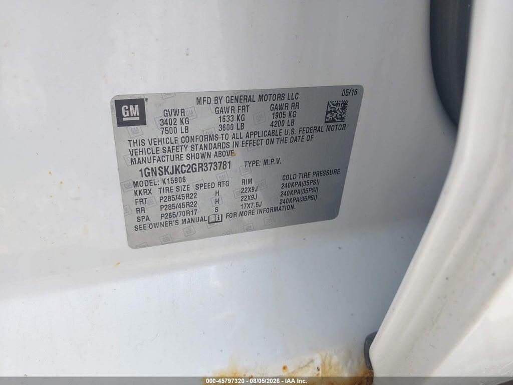 1GNSKJKC2GR373781 2016 CHEVROLET SUBURBAN photo no. 9