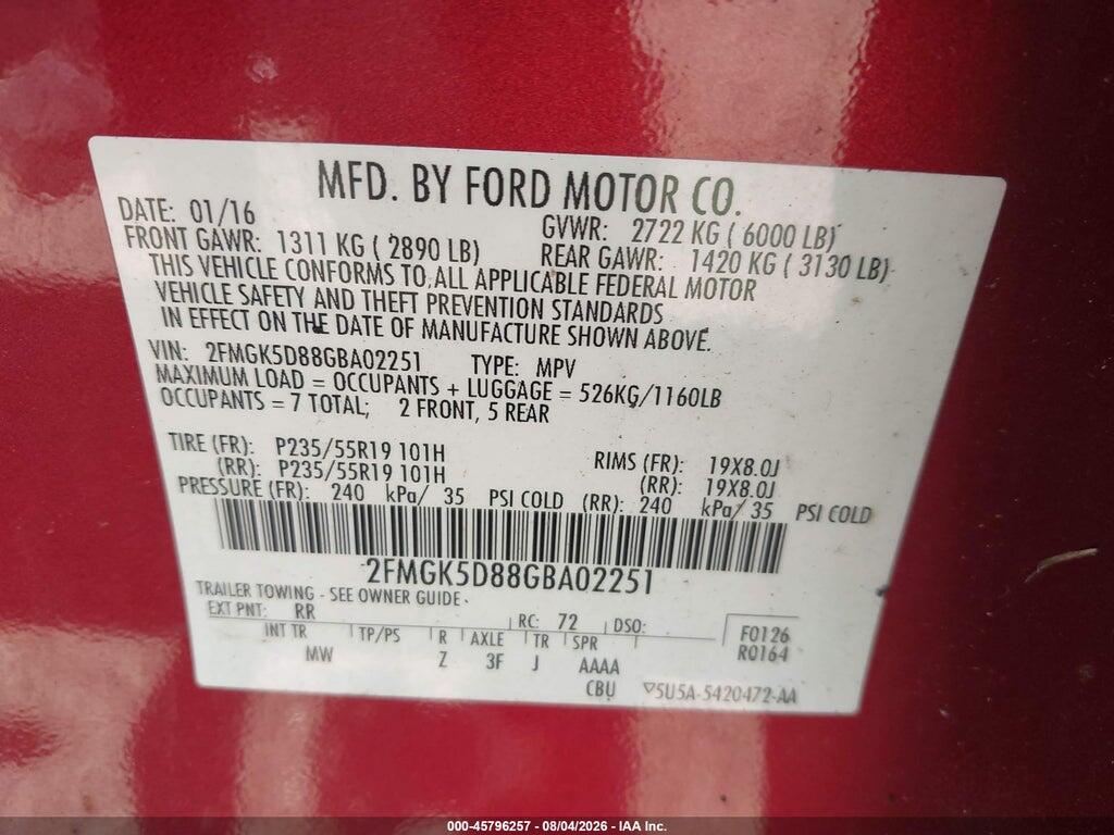 2FMGK5D88GBA02251 2016 FORD FLEX photo no. 9