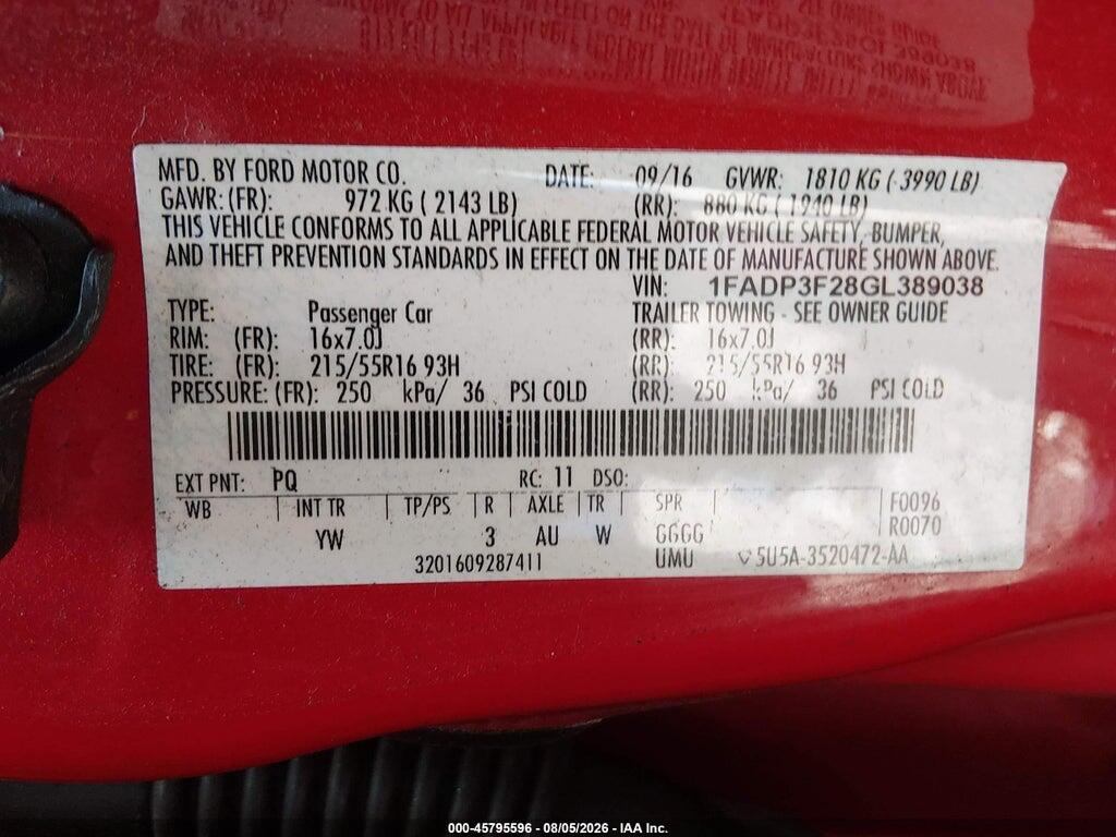 1FADP3F28GL389038 2016 FORD FOCUS photo no. 9