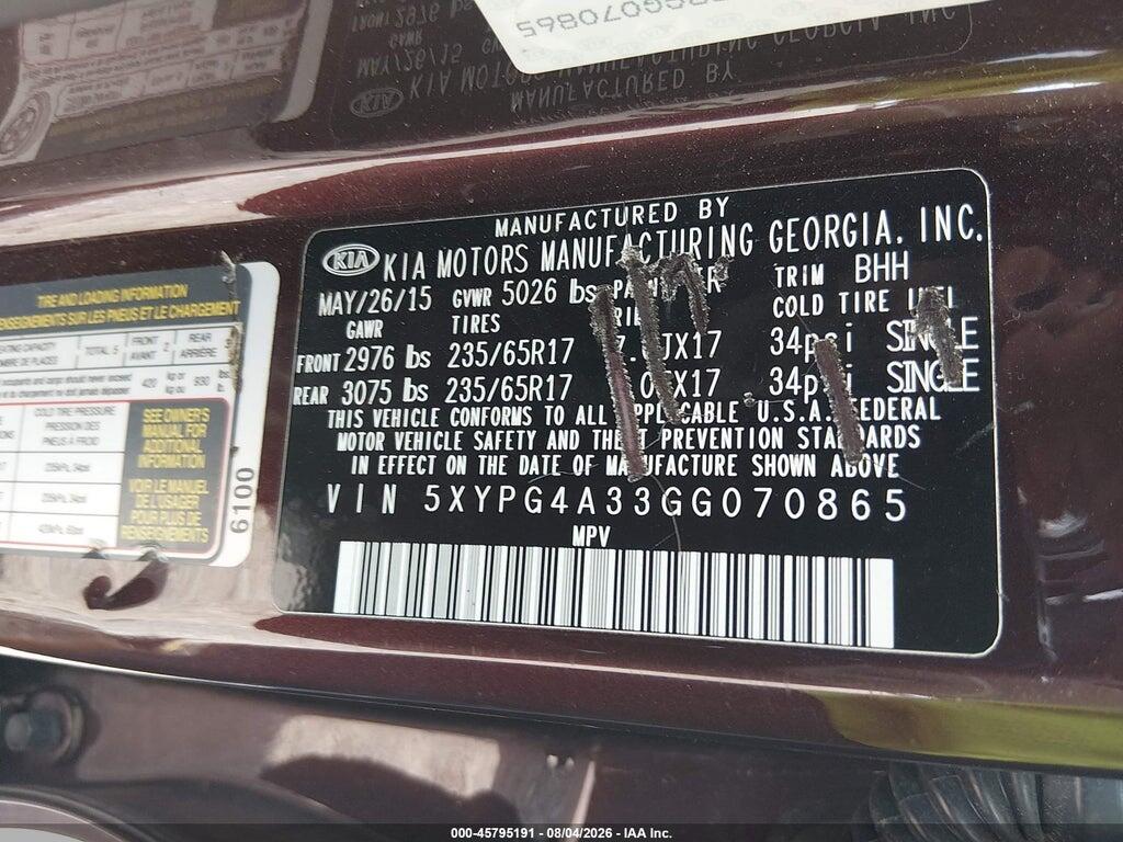 5XYPG4A33GG070865 2016 KIA SORENTO photo no. 9