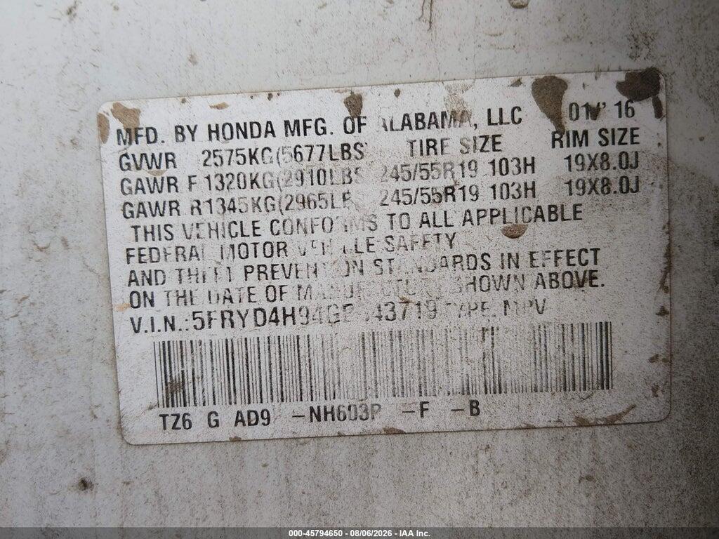 5FRYD4H94GB043719 2016 ACURA MDX photo no. 9