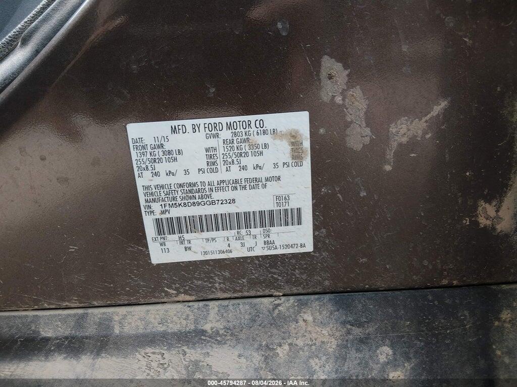 1FM5K8D89GGB72328 2016 FORD EXPLORER photo no. 9