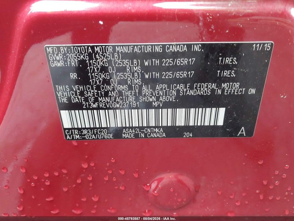 2T3WFREV0GW237191 2016 TOYOTA RAV4 photo no. 9