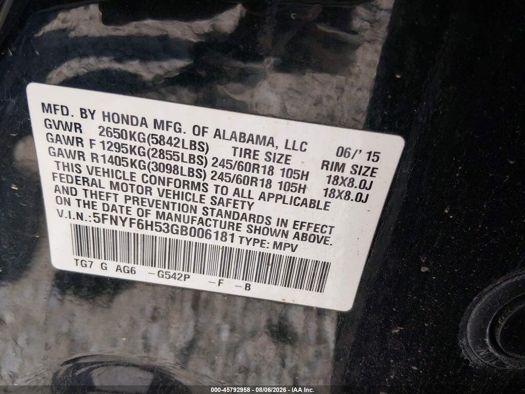 5FNYF6H53GB006181 2016 HONDA PILOT photo no. 9