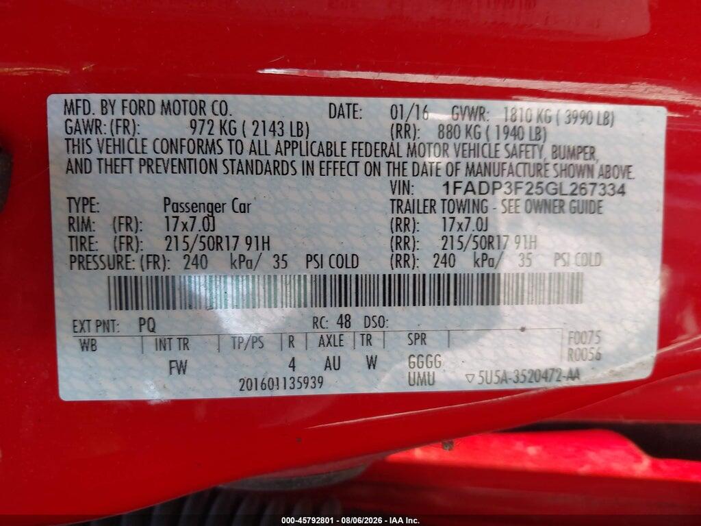 1FADP3F25GL267334 2016 FORD FOCUS photo no. 9