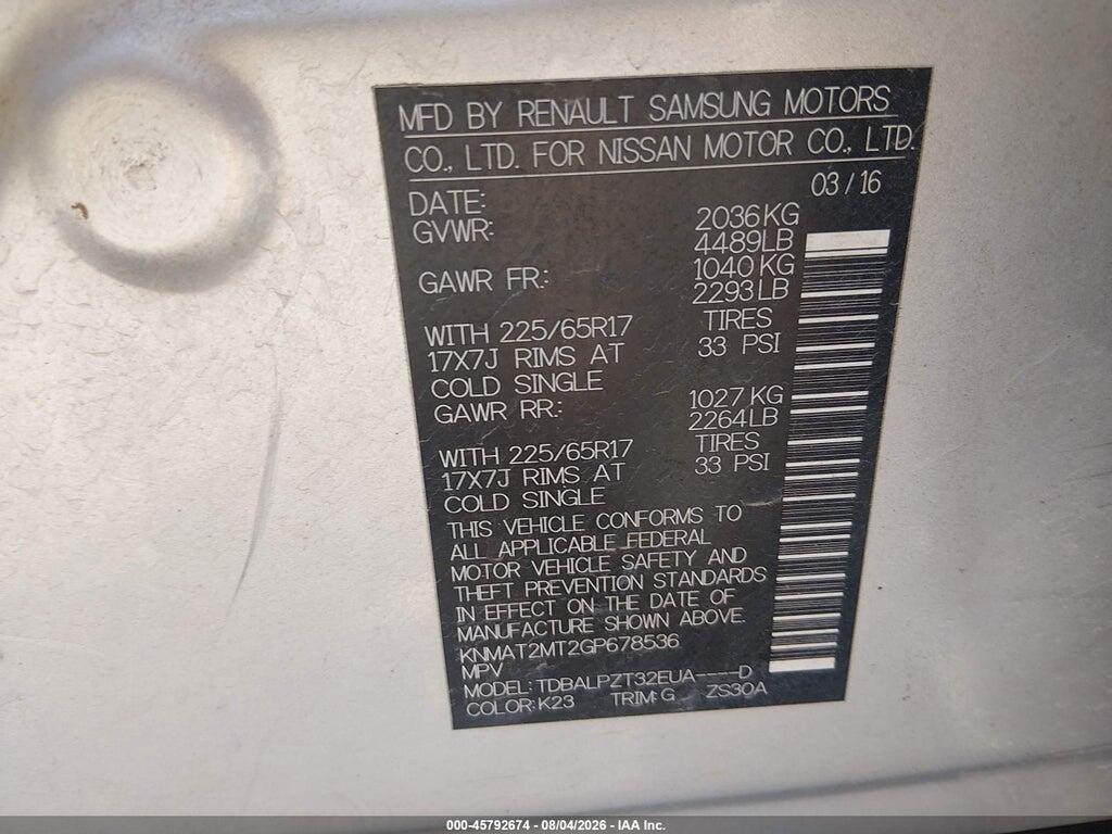 KNMAT2MT2GP678536 2016 NISSAN ROGUE photo no. 9