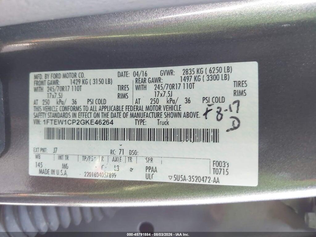 1FTEW1CP2GKE46264 2016 FORD F-150 photo no. 9