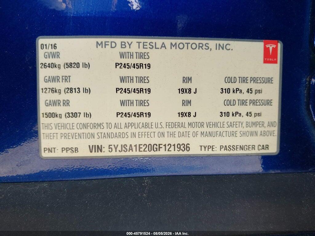 5YJSA1E20GF121936 2016 TESLA MODEL S photo no. 9