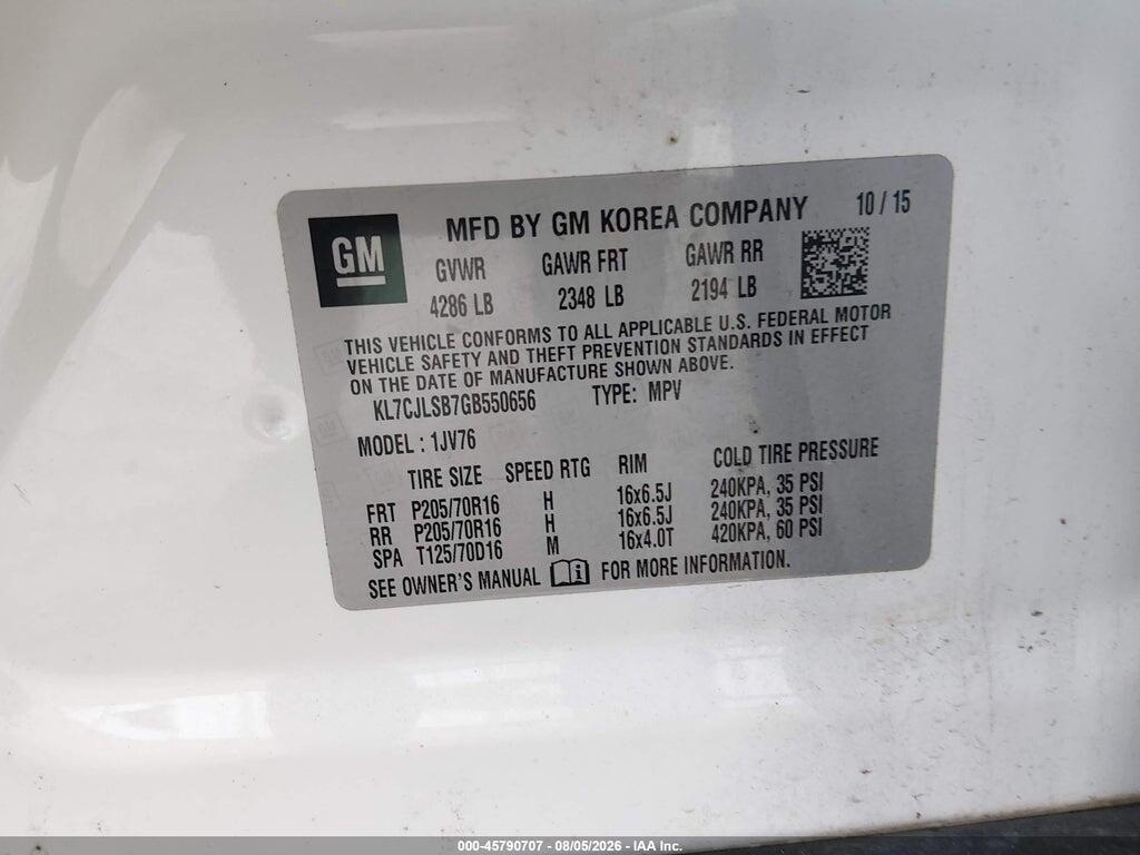 KL7CJLSB7GB550656 2016 CHEVROLET TRAX photo no. 9