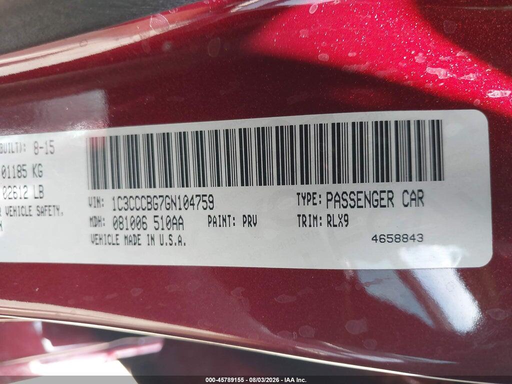 1C3CCCBG7GN104759 2016 CHRYSLER 200 photo no. 9