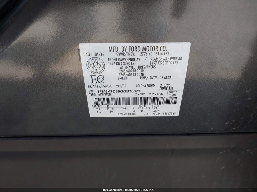 1FM5K7D89GGB76373 2016 FORD EXPLORER photo no. 9