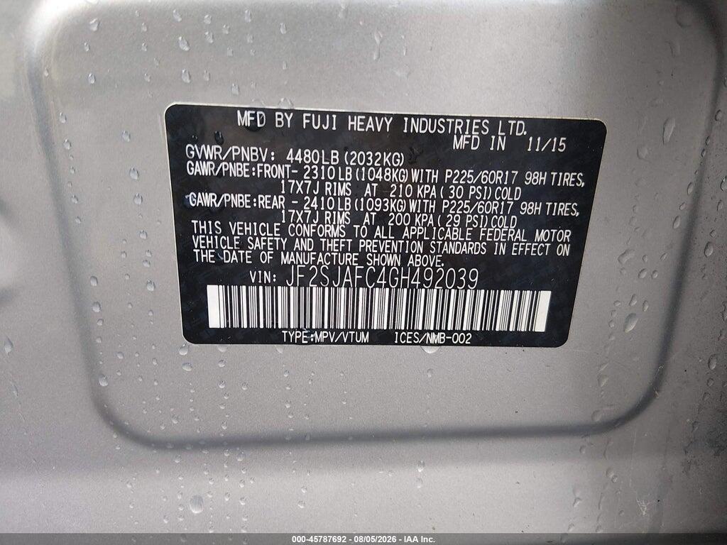 JF2SJAFC4GH492039 2016 SUBARU FORESTER photo no. 9