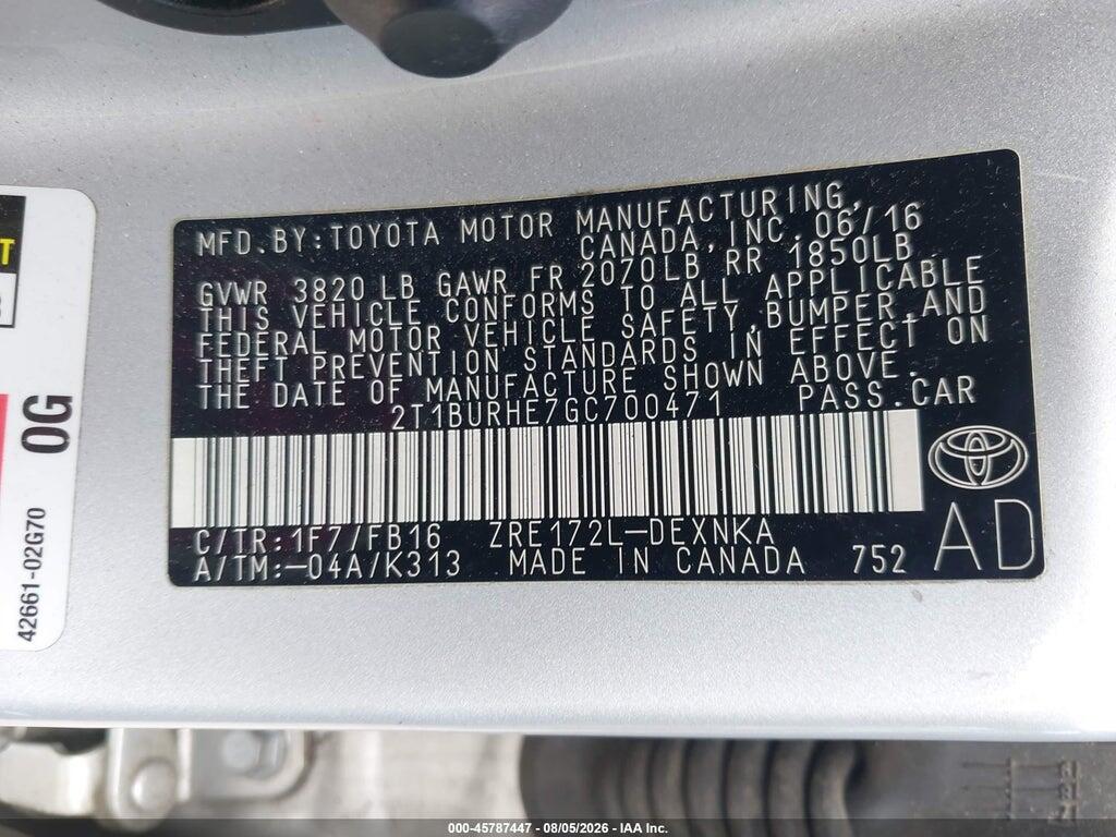 2T1BURHE7GC700471 2016 TOYOTA COROLLA photo no. 9