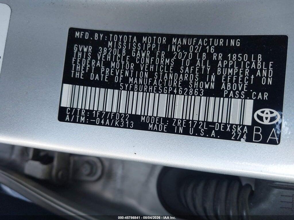 5YFBURHE5GP462863 2016 TOYOTA COROLLA photo no. 9