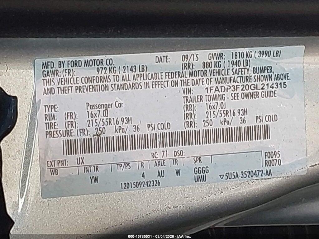 1FADP3F20GL214315 2016 FORD FOCUS photo no. 9