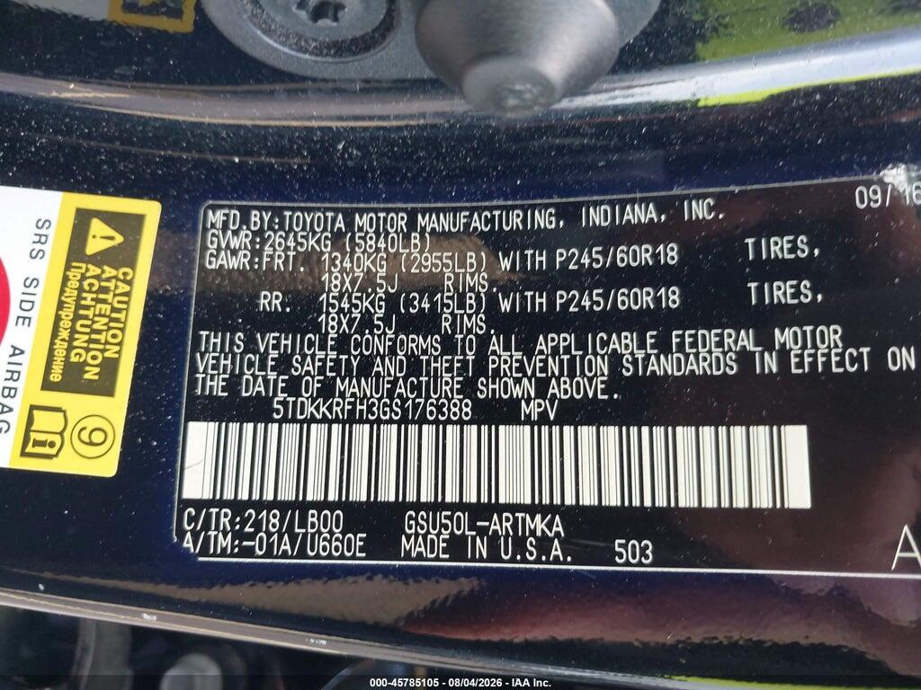 5TDKKRFH3GS176388 2016 TOYOTA HIGHLANDER photo no. 9