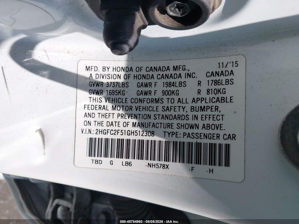 2HGFC2F51GH512308 2016 HONDA CIVIC photo no. 9