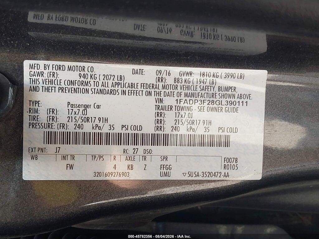 1FADP3F28GL390111 2016 FORD FOCUS photo no. 9