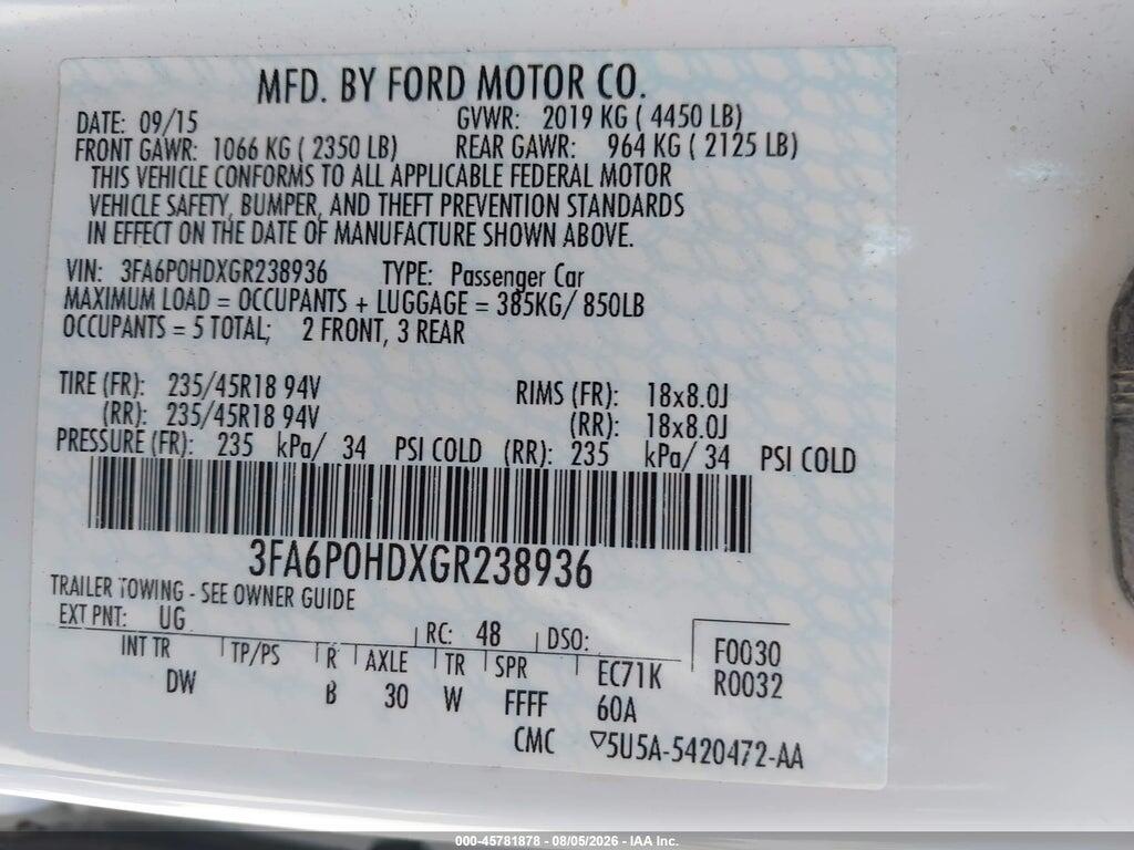 3FA6P0HDXGR238936 2016 FORD FUSION photo no. 9