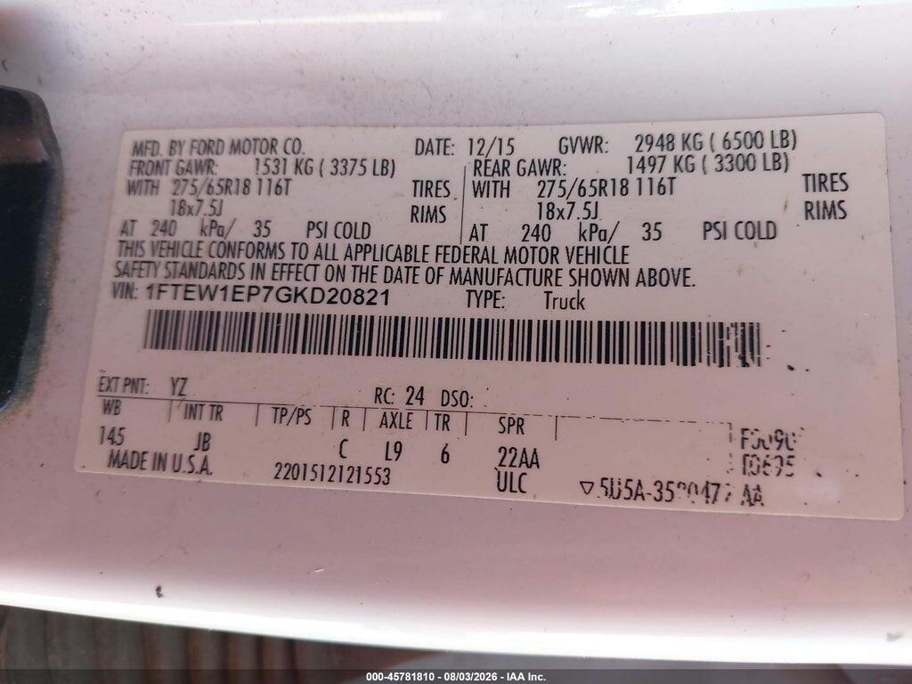 1FTEW1EP7GKD20821 2016 FORD F-150 photo no. 9