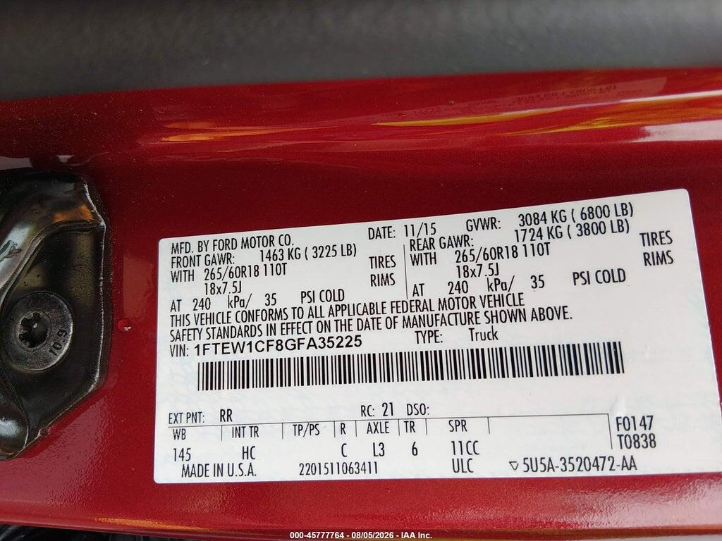 1FTEW1CF8GFA35225 2016 FORD F-150 photo no. 9