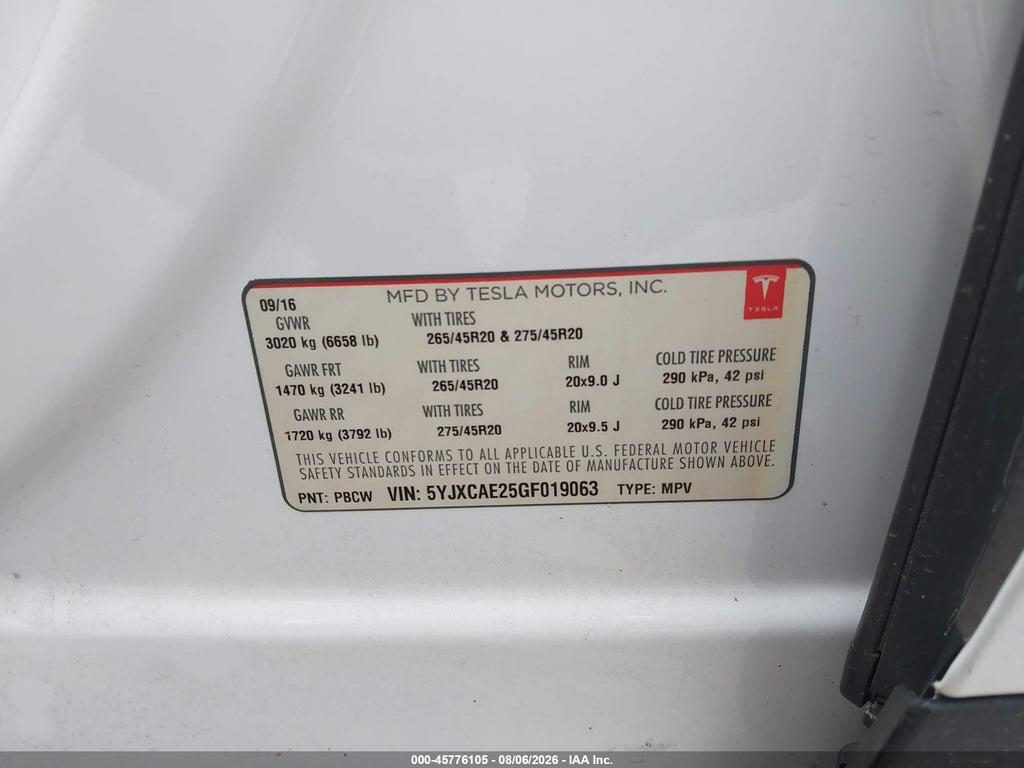 5YJXCAE25GF019063 2016 TESLA MODEL X photo no. 9