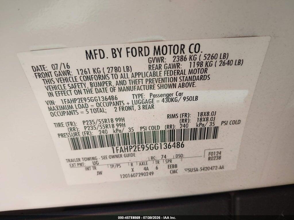 1FAHP2E95GG136486 2016 FORD TAURUS photo no. 9