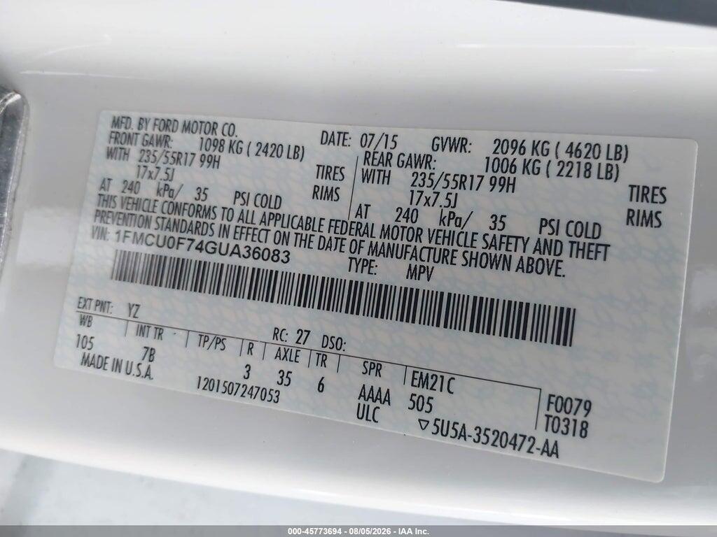 1FMCU0F74GUA36083 2016 FORD ESCAPE photo no. 9