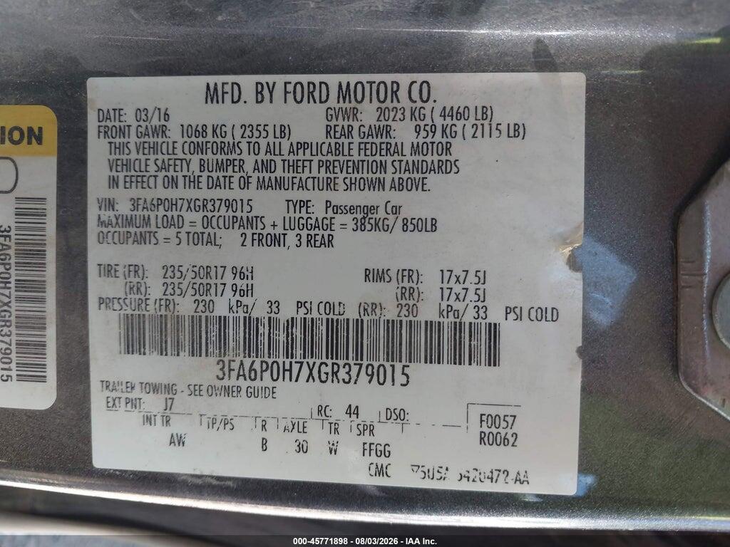 3FA6P0H7XGR379015 2016 FORD FUSION photo no. 9