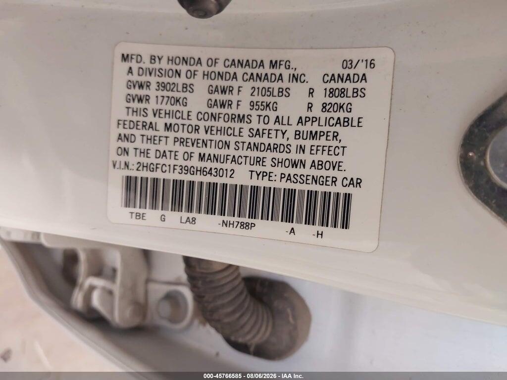 2HGFC1F39GH643012 2016 HONDA CIVIC photo no. 9