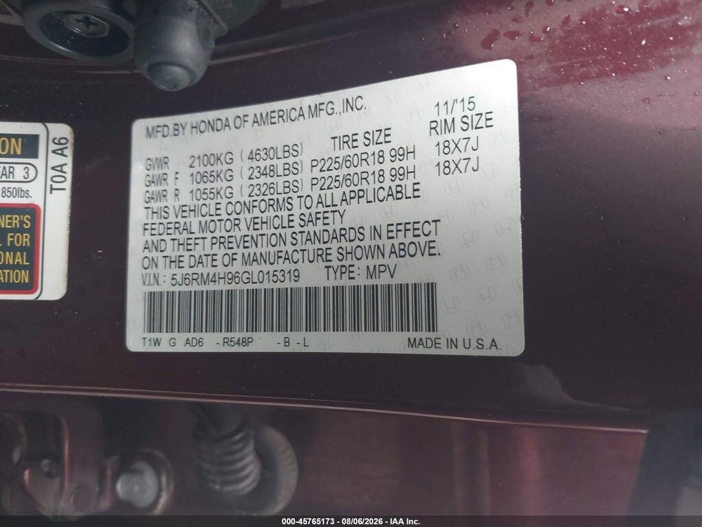 5J6RM4H96GL015319 2016 HONDA CR-V photo no. 9