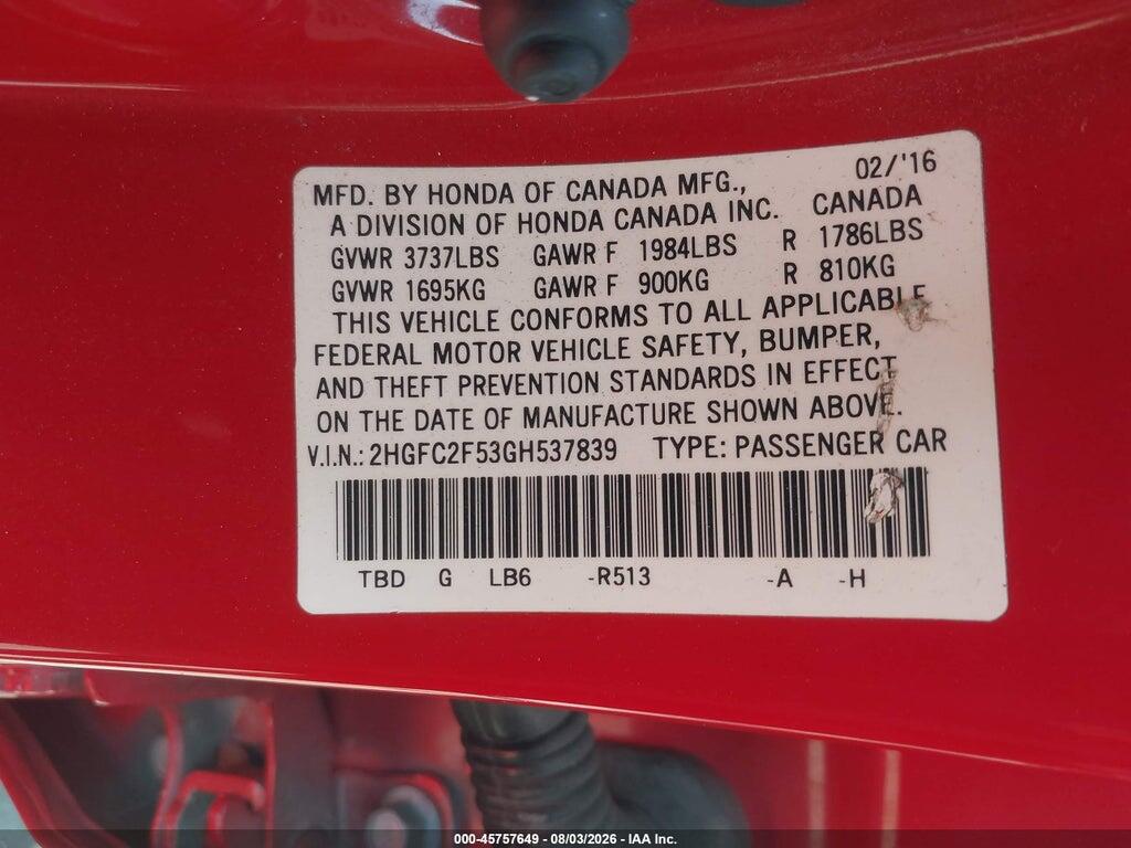 2HGFC2F53GH537839 2016 HONDA CIVIC photo no. 9