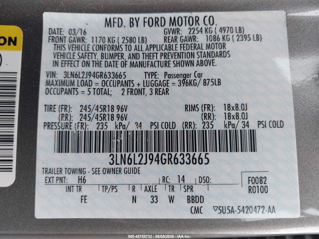 3LN6L2J94GR633665 2016 LINCOLN MKZ photo no. 9