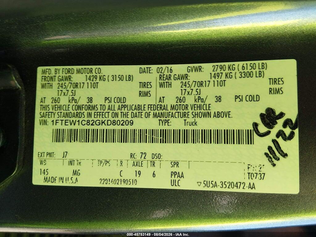 1FTEW1C82GKD80209 2016 FORD F-150 photo no. 9