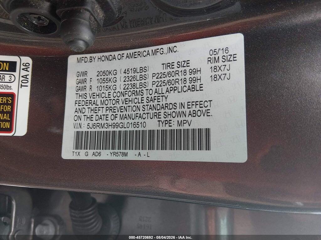 5J6RM3H99GL016510 2016 HONDA CR-V photo no. 9