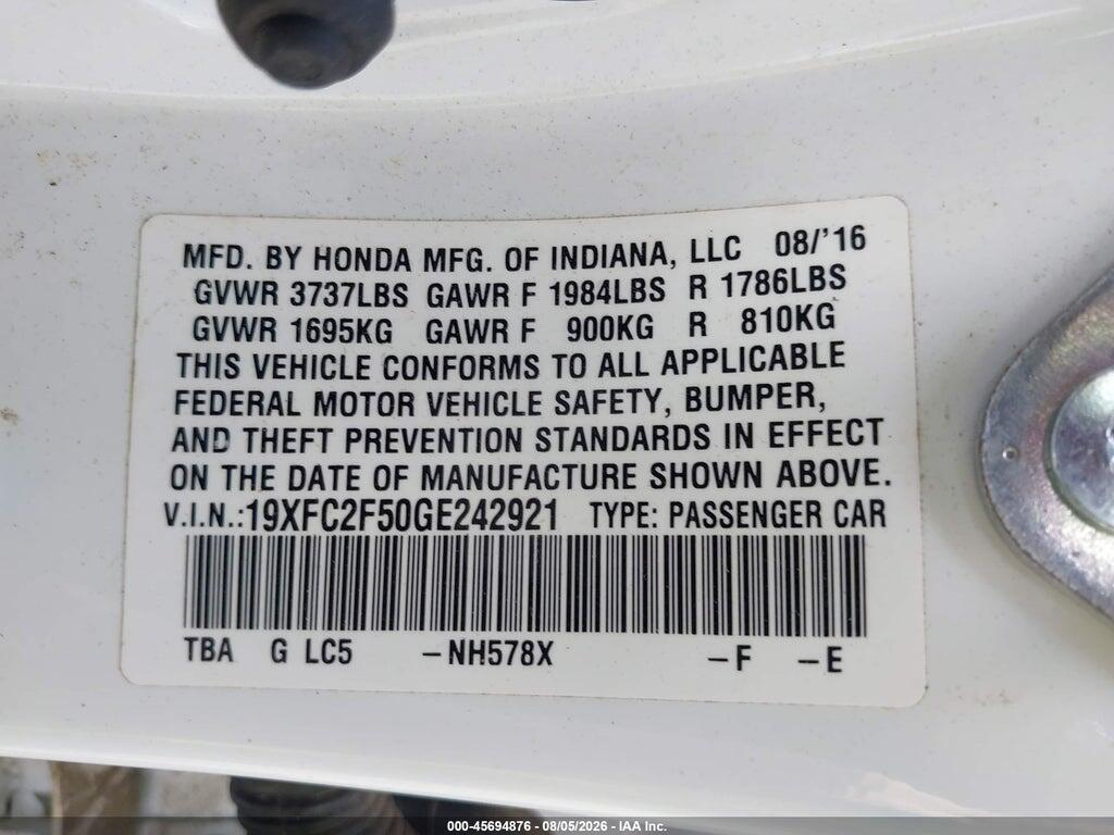 19XFC2F50GE242921 2016 HONDA CIVIC photo no. 9