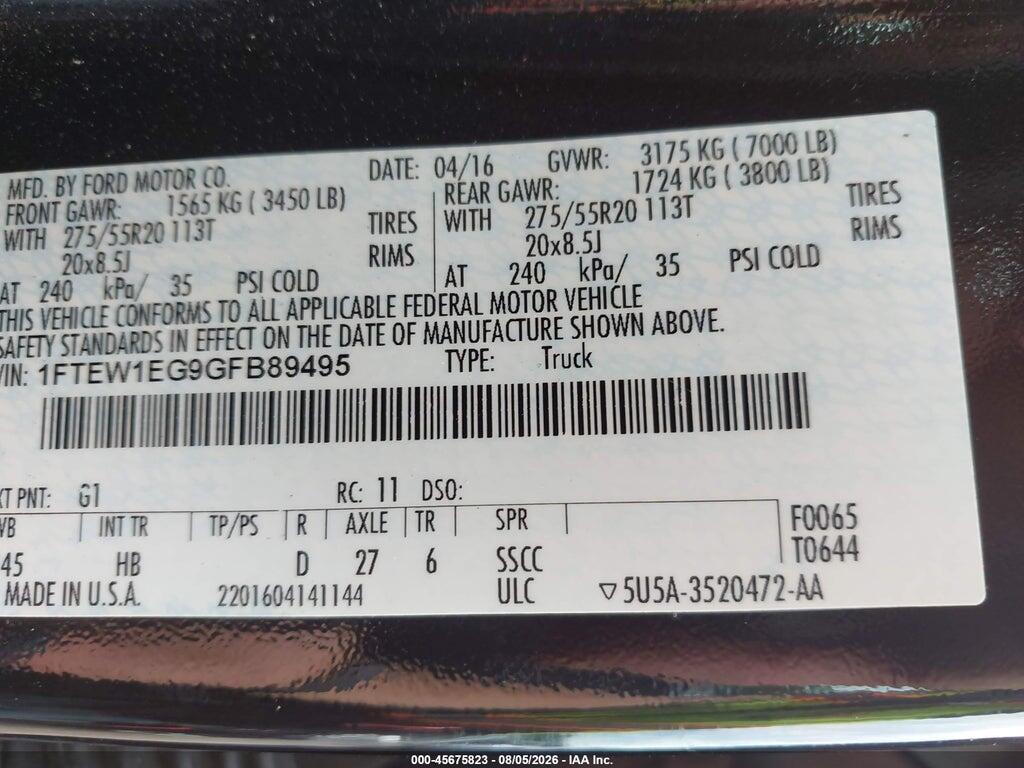 1FTEW1EG9GFB89495 2016 FORD F-150 photo no. 9