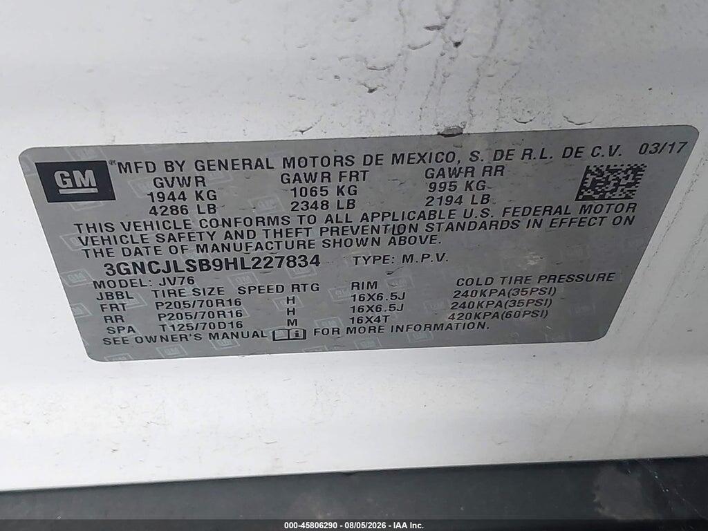 3GNCJLSB9HL227834 2017 CHEVROLET TRAX photo no. 9