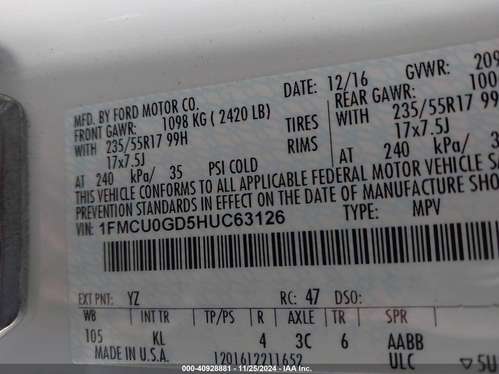 1FMCU0GD5HUC63126 2017 FORD ESCAPE photo no. 9