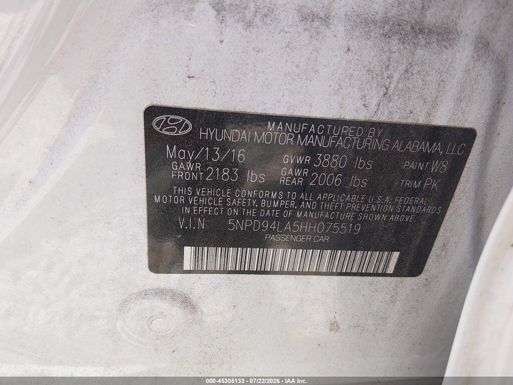 5NPD94LA5HH075519 2017 HYUNDAI ELANTRA photo no. 9