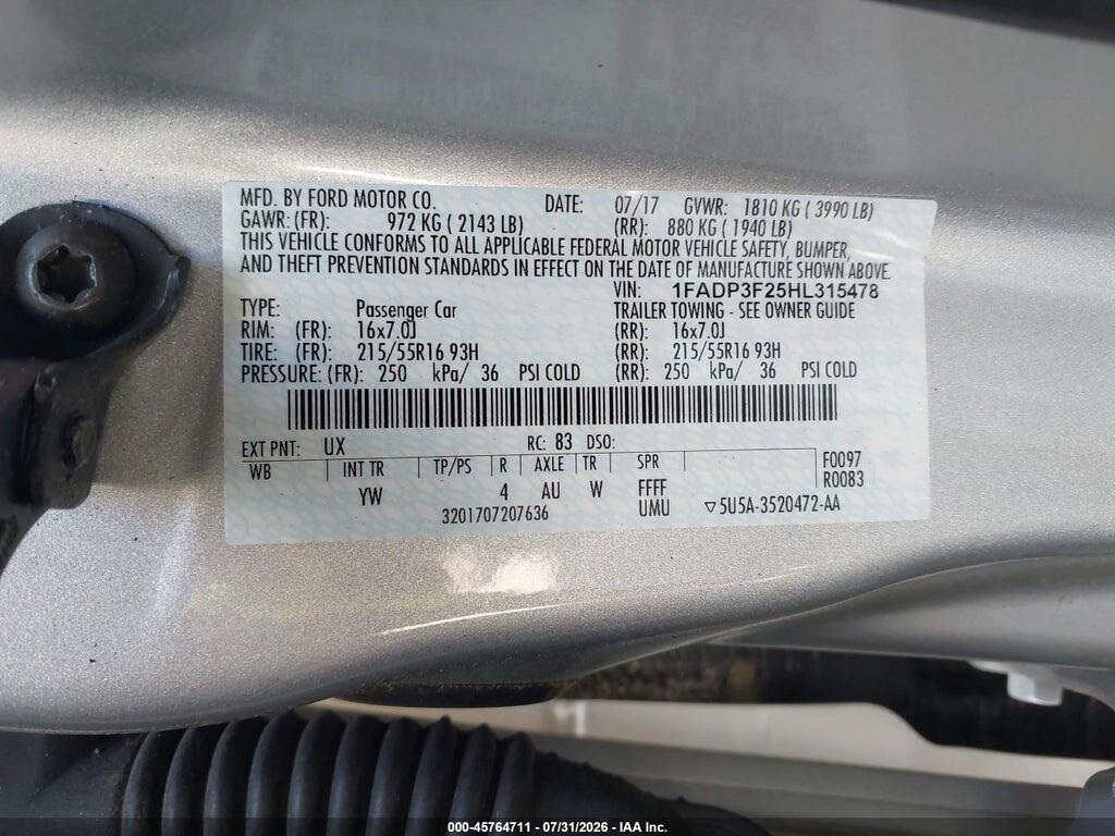 1FADP3F25HL315478 2017 FORD FOCUS photo no. 9